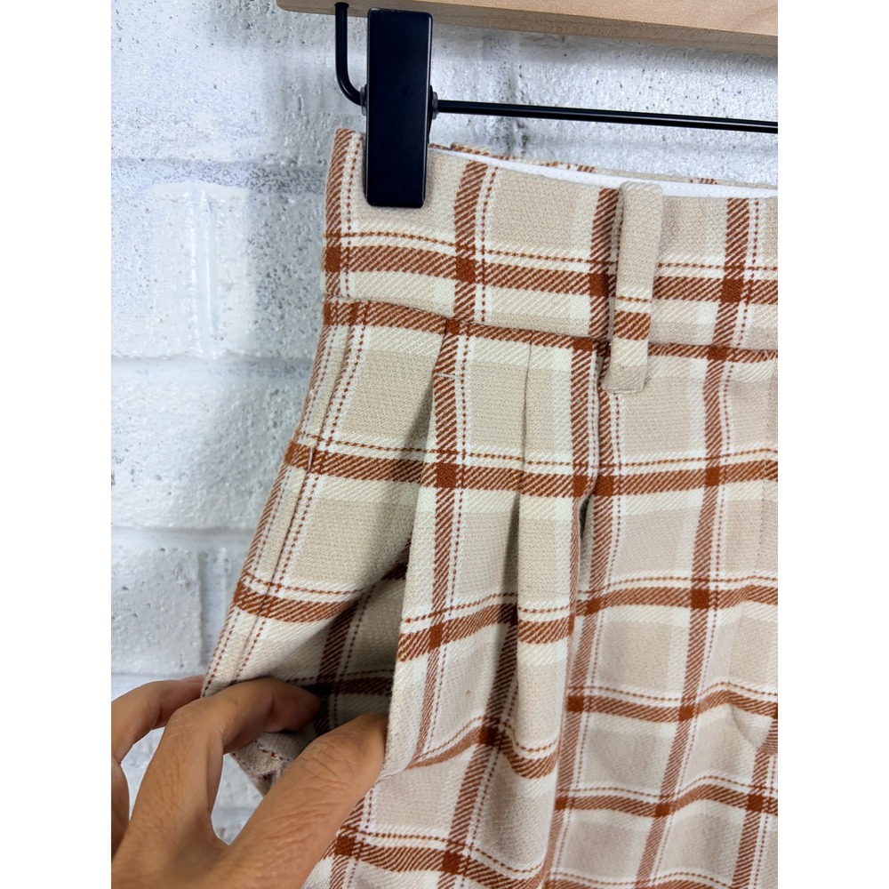 Aritzia Wilfred Trousers Womens 0 Tan Brown Plaid Pleated Wide Leg Pants - Picture 3 of 15